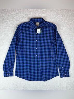 New LL Bean Mens Medium Slightly Fitted Wrinkle Free Blue Plaid Button Up Shirt